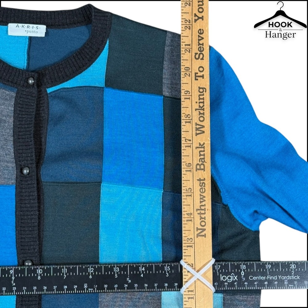 Akris Punto Luxury Patchwork Wool Cardigan 12 Teal Blue Gray Colorblock Sweater - Picture 8 of 9